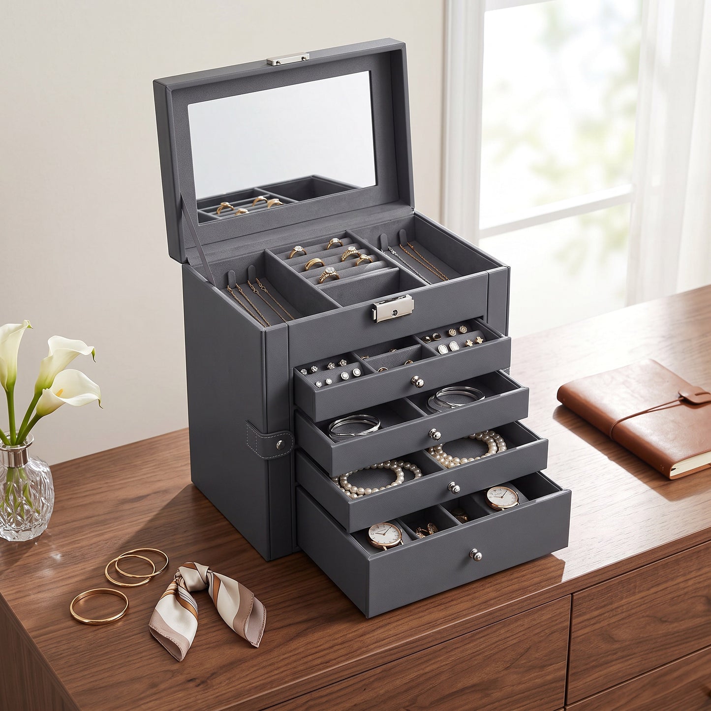Six Tier Jewelry Box with Built In Mirror and Locking Front Closure
