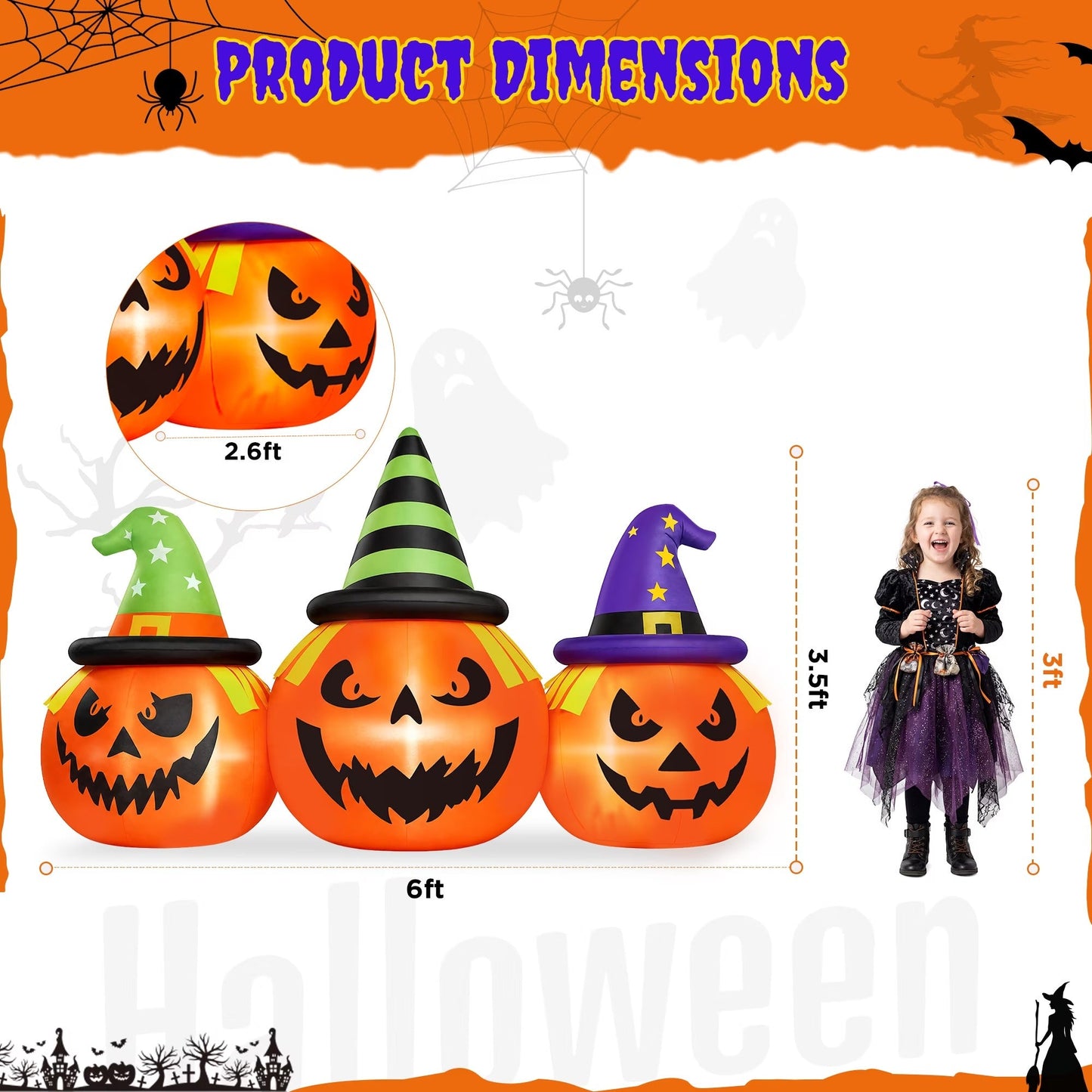 Inflatable Pumpkin Yard Display with Built-In LED Lights and Air Blower, 6 Feet Wide