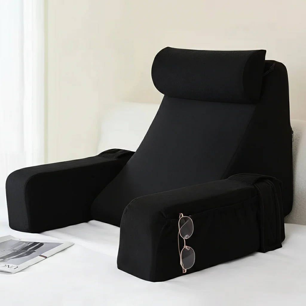 Memory Foam Bed Rest Pillow with Arms & Big Pockets for Adults, Reading Pillow for Bed