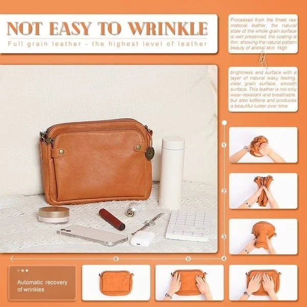 Full-Grain Leather Crossbody Bag with Detachable Strap and Card Slots, Fits 10in Tablet