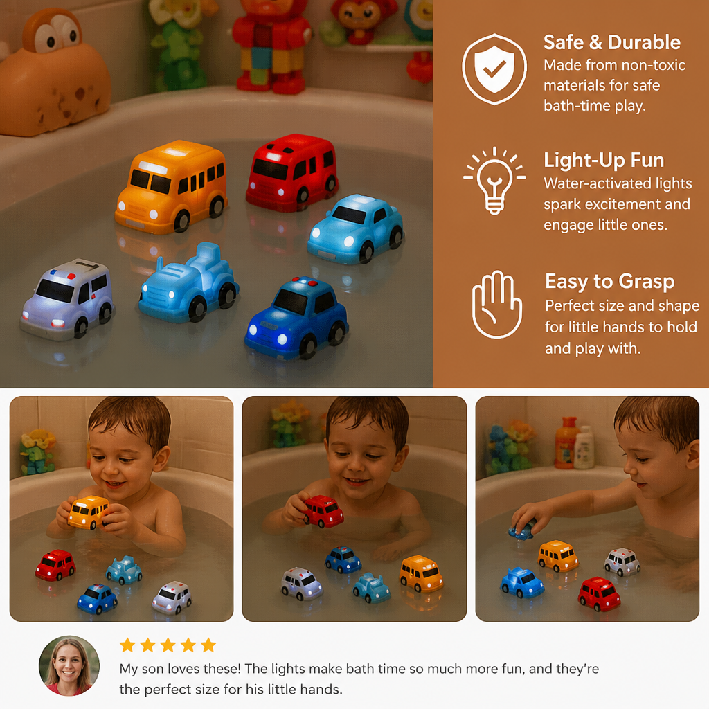 Glowing Bath Toy Cars with Water Activation and Multiple Vehicle Shapes