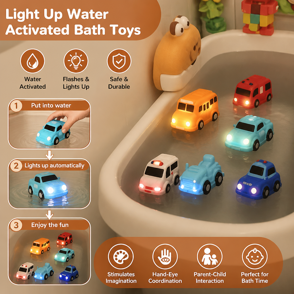 Glowing Bath Toy Cars with Water Activation and Multiple Vehicle Shapes