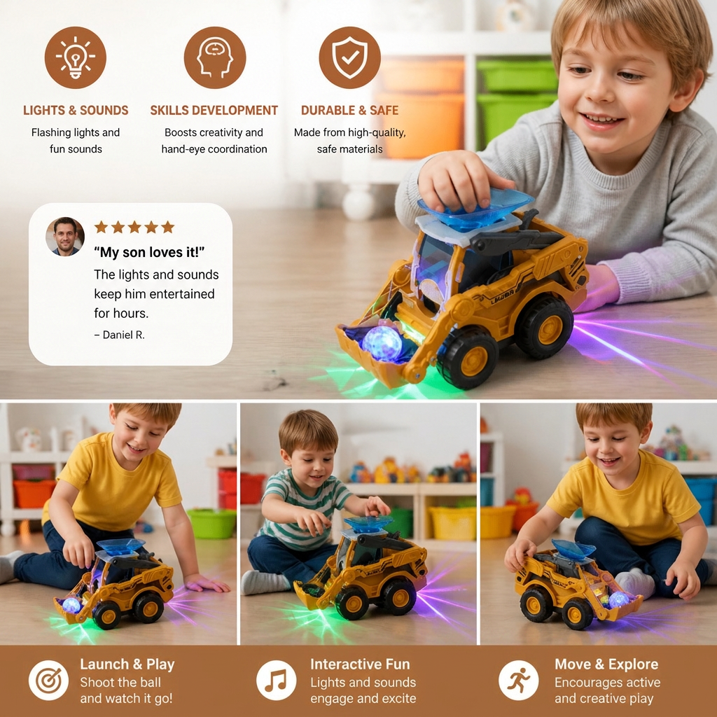 Construction Bulldozer Toy with Light Effects and Ball Launcher for Kids