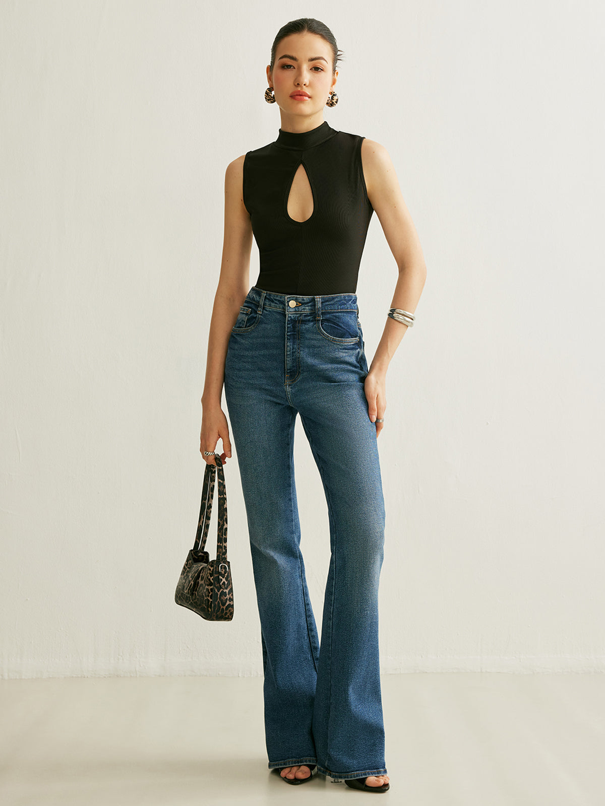 Ribbed Stand Collar Sleeveless Tank with Stretch Fabric