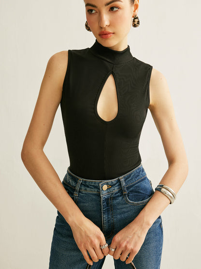 Ribbed Stand Collar Sleeveless Tank with Stretch Fabric