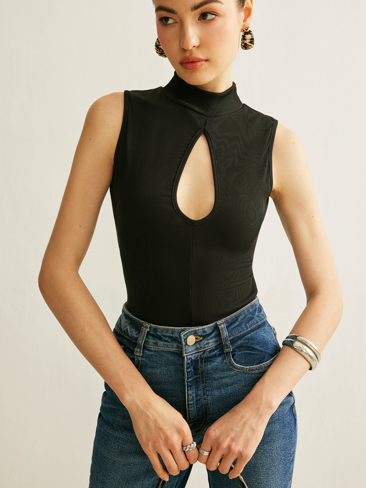 Ribbed Stand Collar Sleeveless Tank with Stretch Fabric