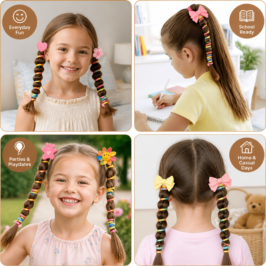 Spiral Hair Tie Set with Flower and Heart Designs for Kids