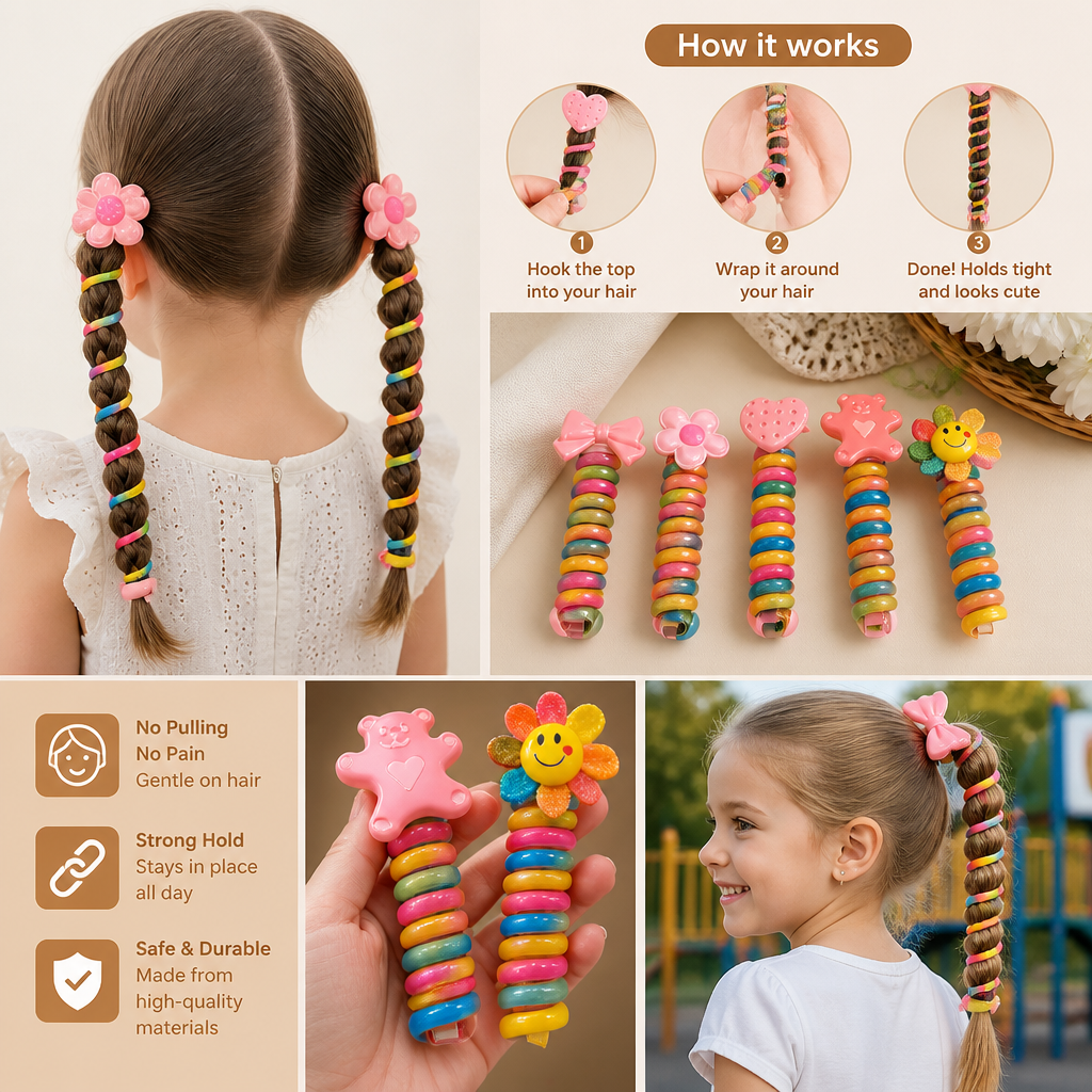 Spiral Hair Tie Set with Flower and Heart Designs for Kids