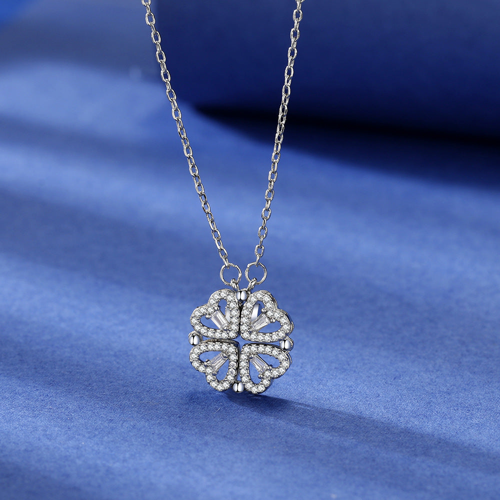 Four Heart Clover Pendant Necklace with Preserved Roses and Gift Box