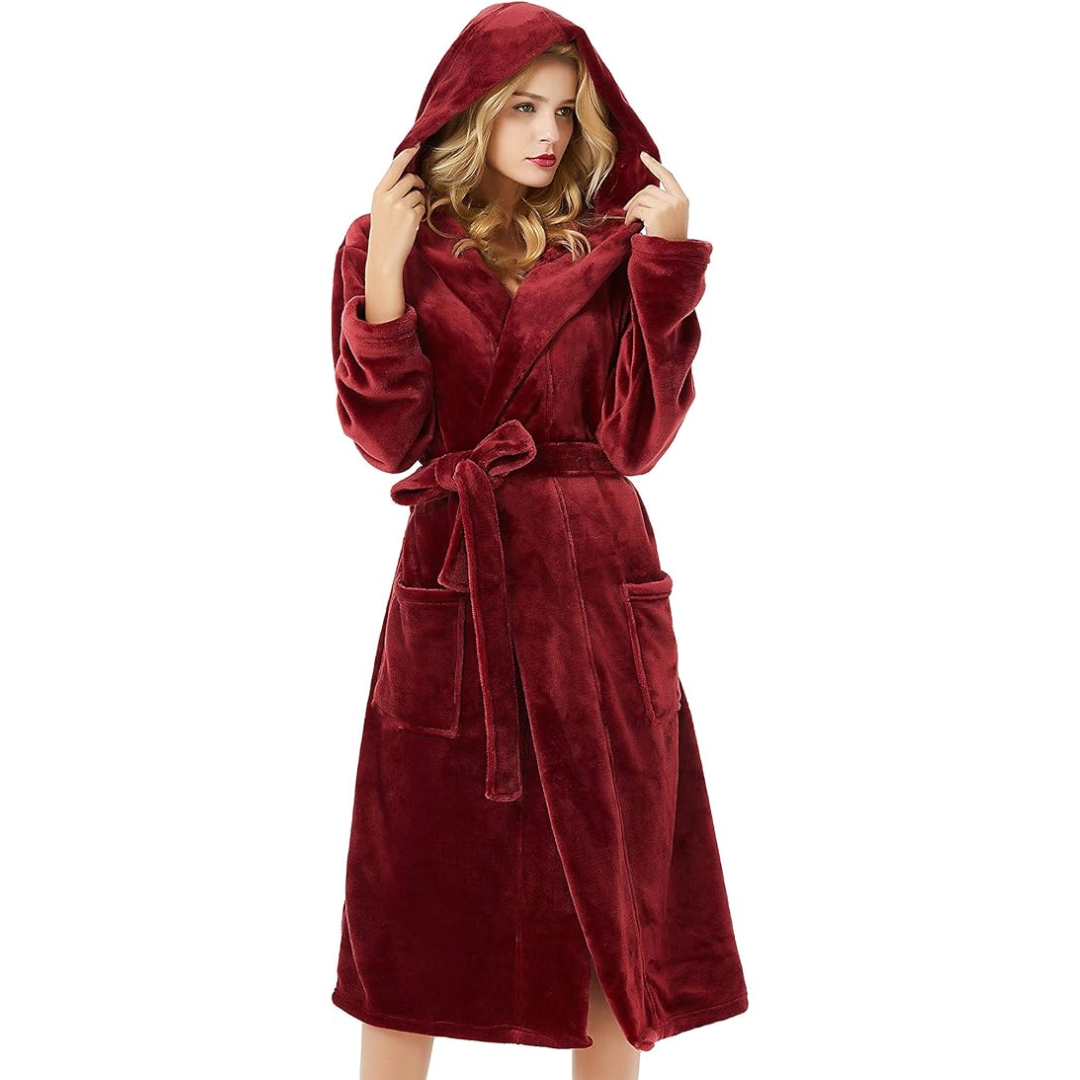 Ladies Fleece Bathrobe with Hood – Vivianne-Bordeaux Red-S-M-Nora Luxe