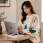 Women Snowflake Knit Sweater with Crew Neck and Color Block Pattern, Polyester Cotton Blend