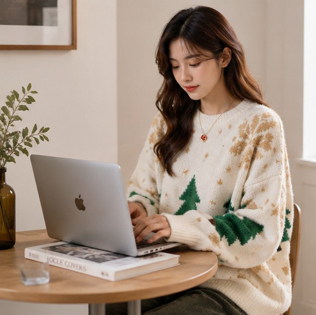Women Snowflake Knit Sweater with Crew Neck and Color Block Pattern, Polyester Cotton Blend