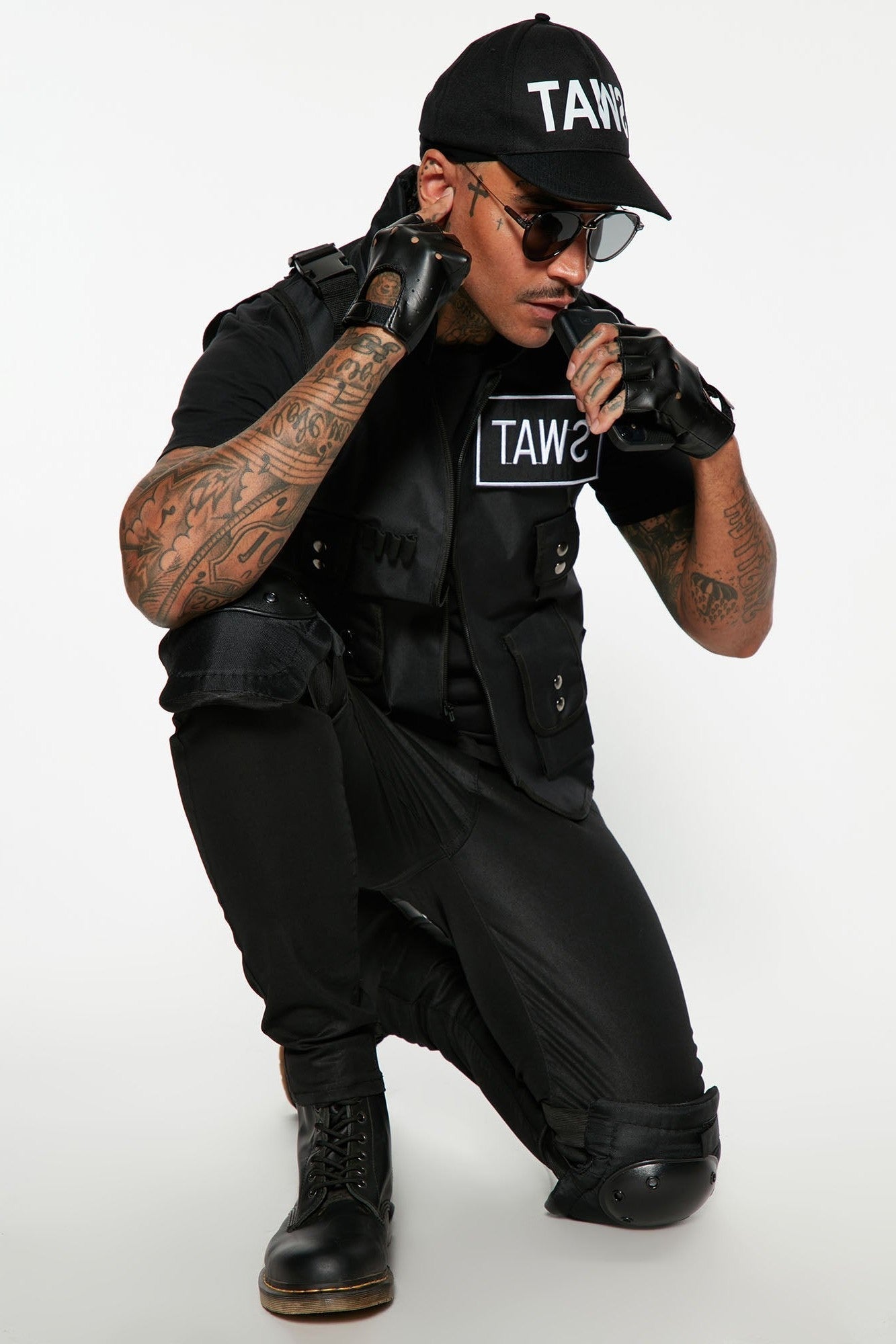 Four Piece Tactical Costume Set with Vest, Cap and Fingerless Gloves