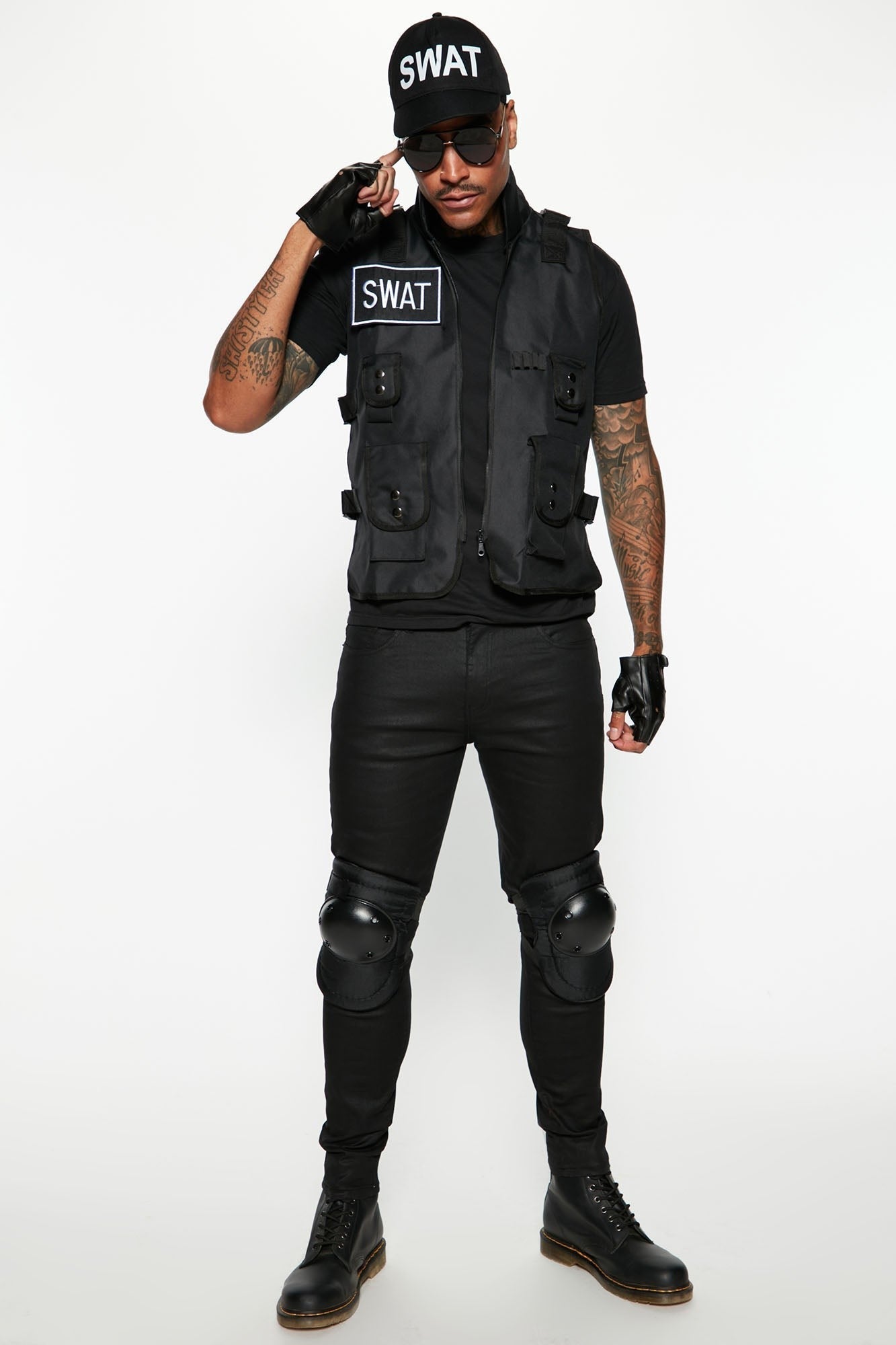 Four Piece Tactical Costume Set with Vest, Cap and Fingerless Gloves