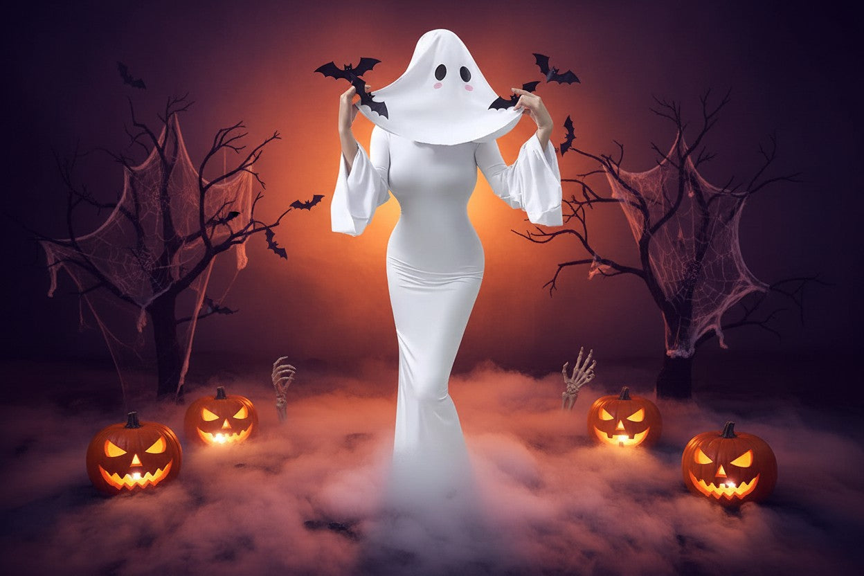 Ghost Bride Cosplay Costume with Sleeveless Ruched Mini Dress and Face Mask