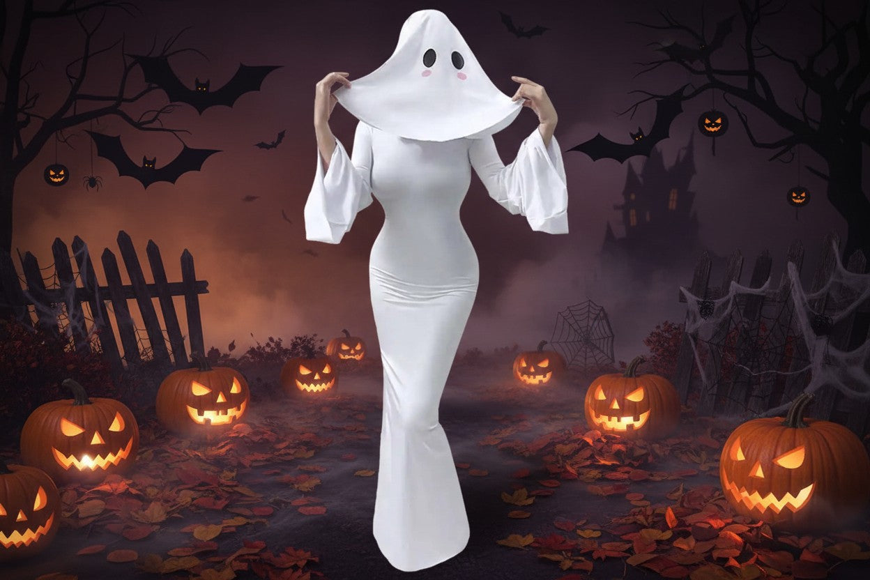 Ghost Bride Cosplay Costume with Sleeveless Ruched Mini Dress and Face Mask