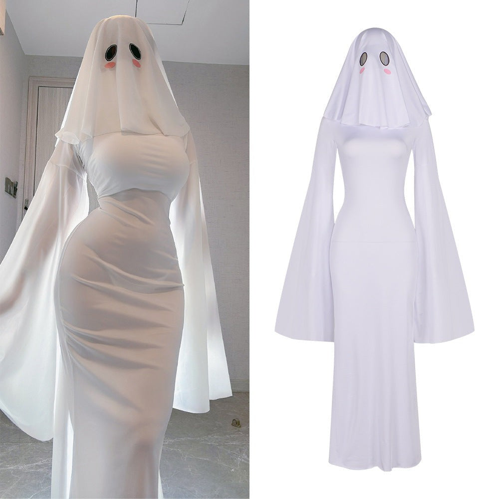 Ghost Bride Cosplay Costume with Sleeveless Ruched Mini Dress and Face Mask