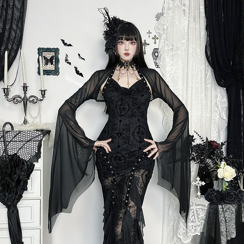 Women Gothic Lace Crop Top with Flared Bell Sleeves and Lace Up Front