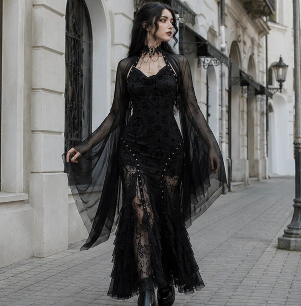 Women Gothic Lace Crop Top with Flared Bell Sleeves and Lace Up Front