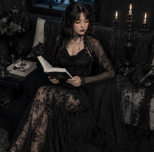 Women Gothic Lace Crop Top with Flared Bell Sleeves and Lace Up Front