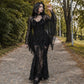 Women Gothic Lace Crop Top with Flared Bell Sleeves and Lace Up Front