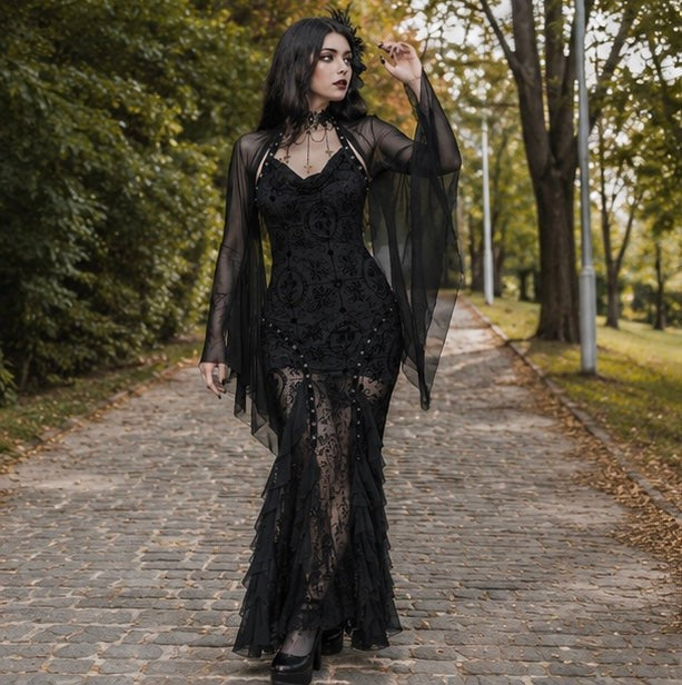 Women Gothic Lace Crop Top with Flared Bell Sleeves and Lace Up Front