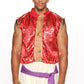 Men's Three Piece Royal Costume Set with Red Velvet Jacket and Decorative Trim