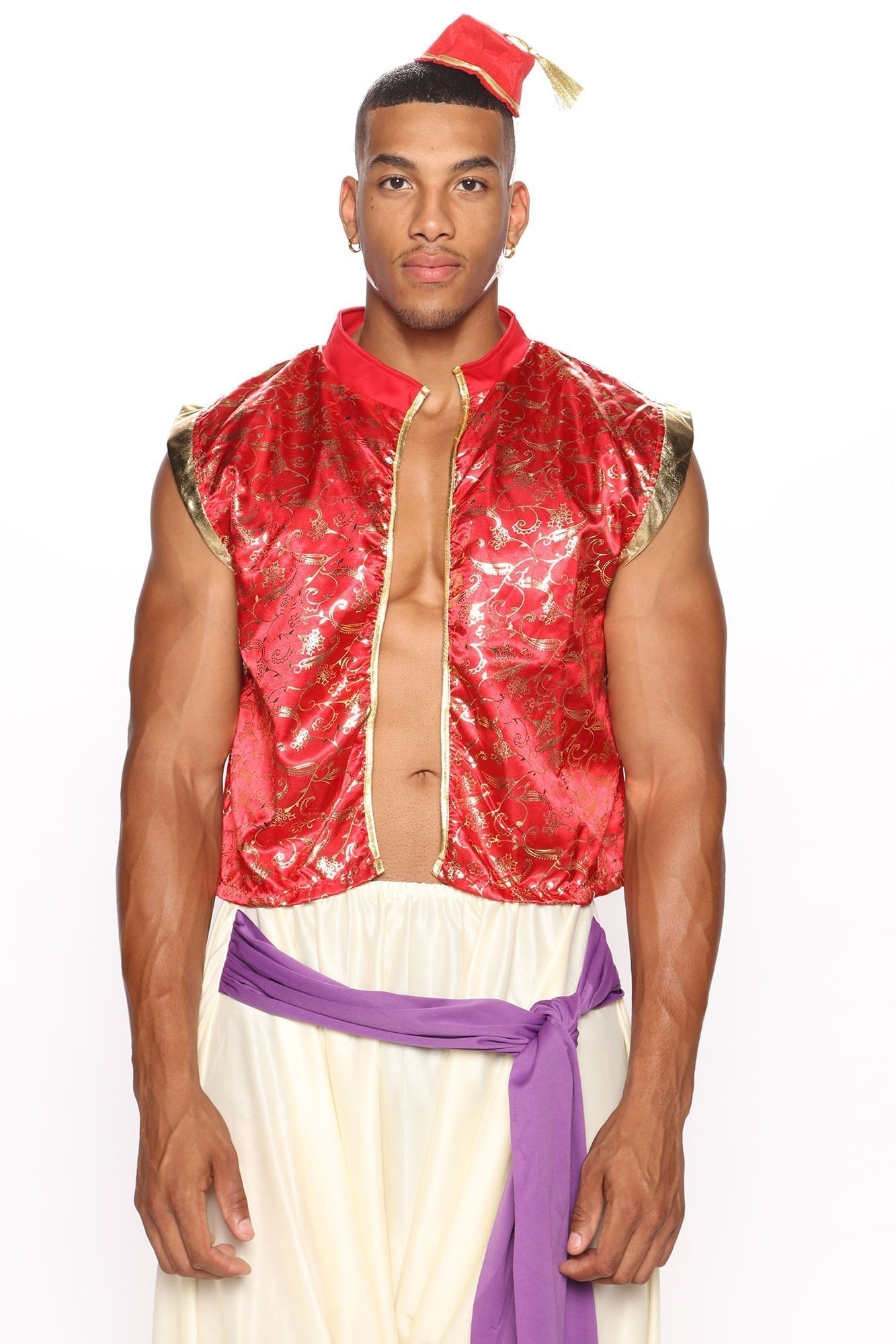 Men's Three Piece Royal Costume Set with Red Velvet Jacket and Decorative Trim