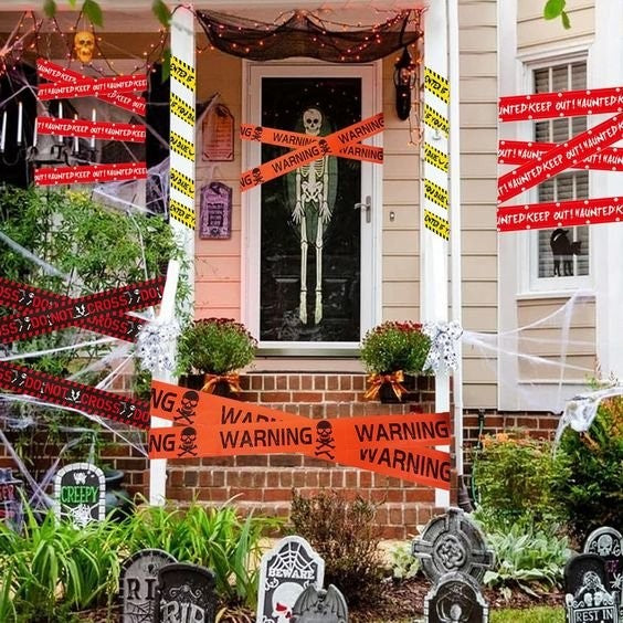 Spooky Halloween Caution Tape Set with Printed Warning Signs for Haunted House Parties