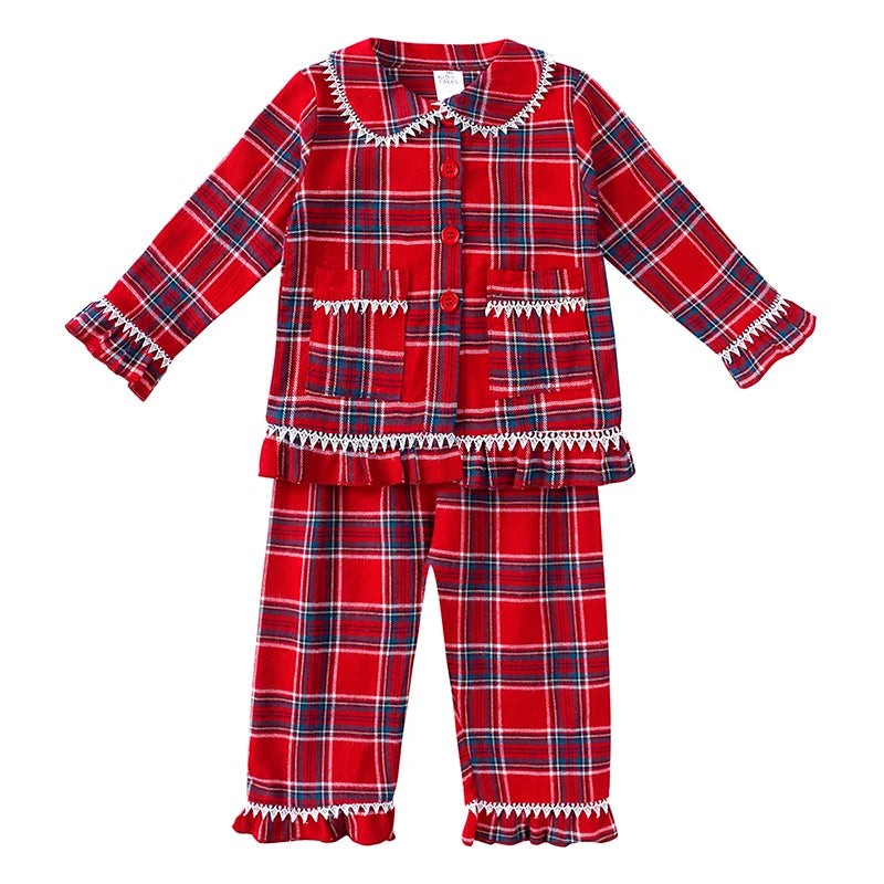 Kids Pajama Set with Plaid Pants and Elastic Waistband