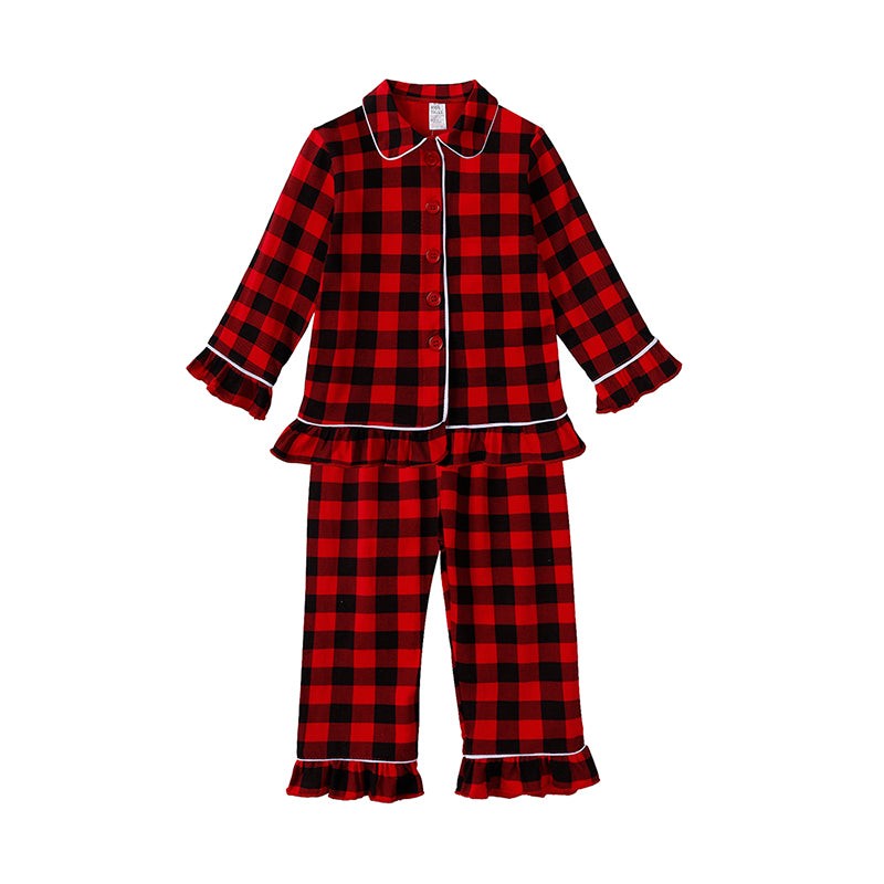 Kids Pajama Set with Plaid Pants and Elastic Waistband