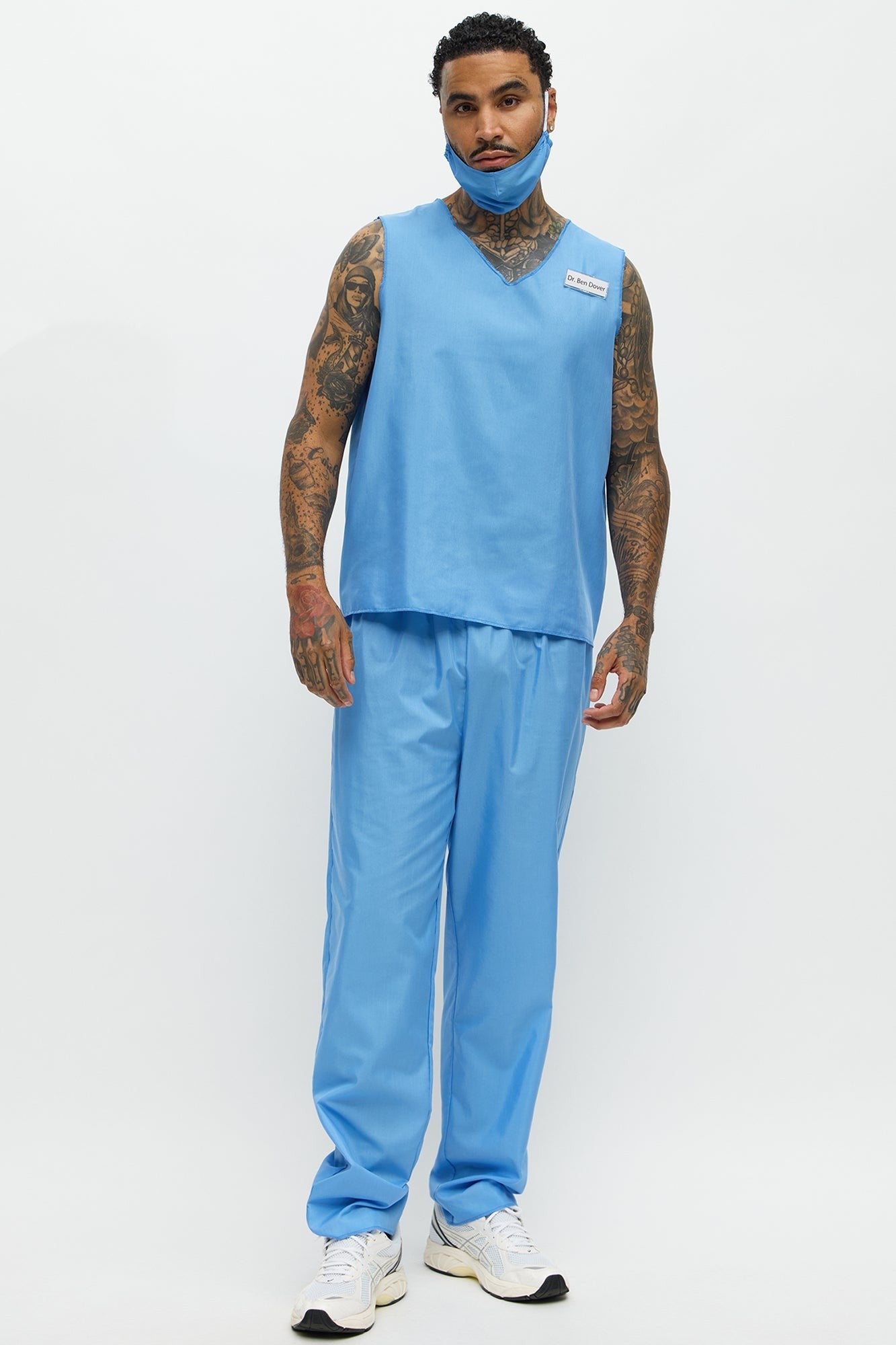Blue Medical Scrub Costume Set for Men with V Neck Top and Loose Fit Pants