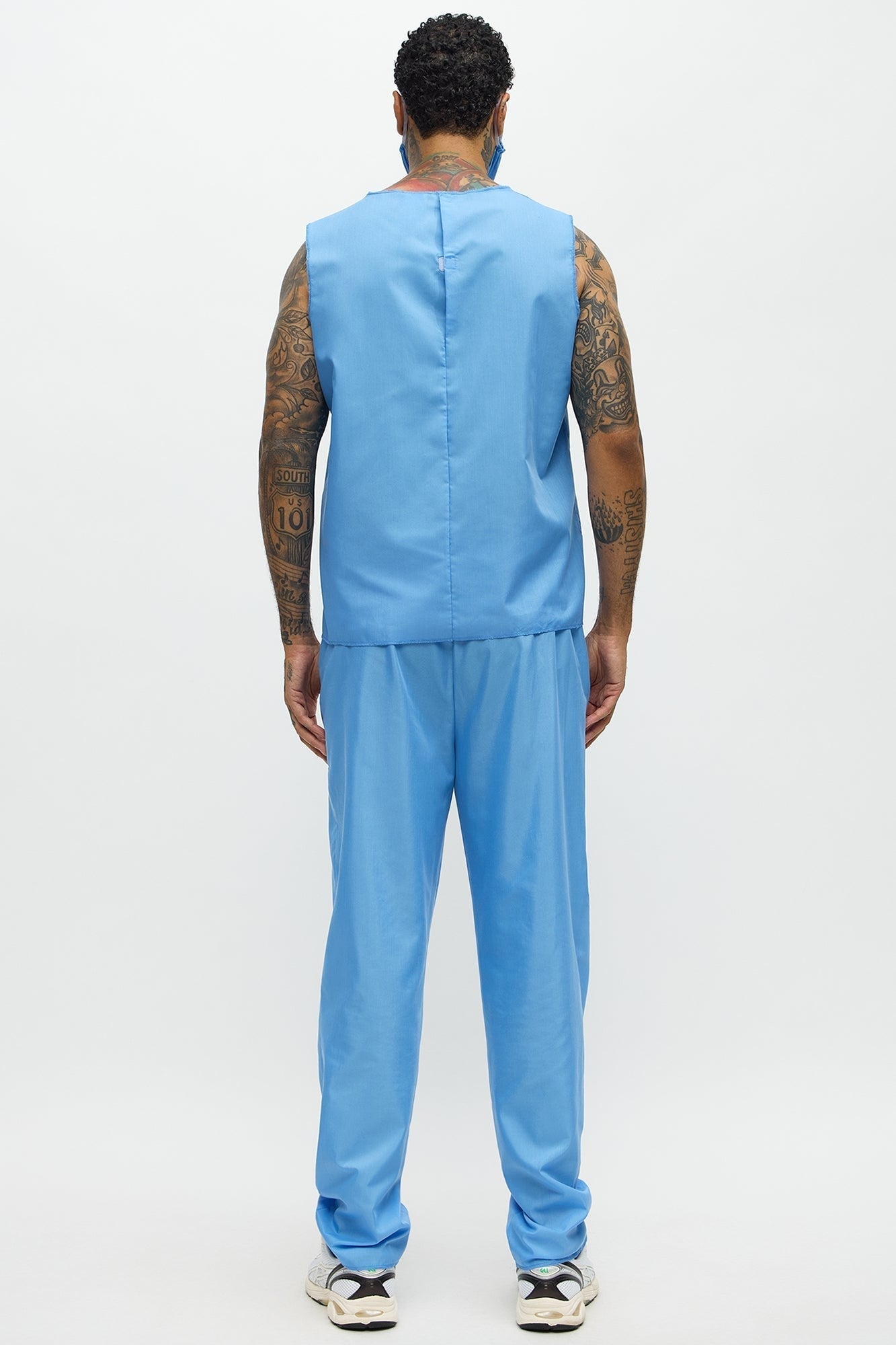 Blue Medical Scrub Costume Set for Men with V Neck Top and Loose Fit Pants