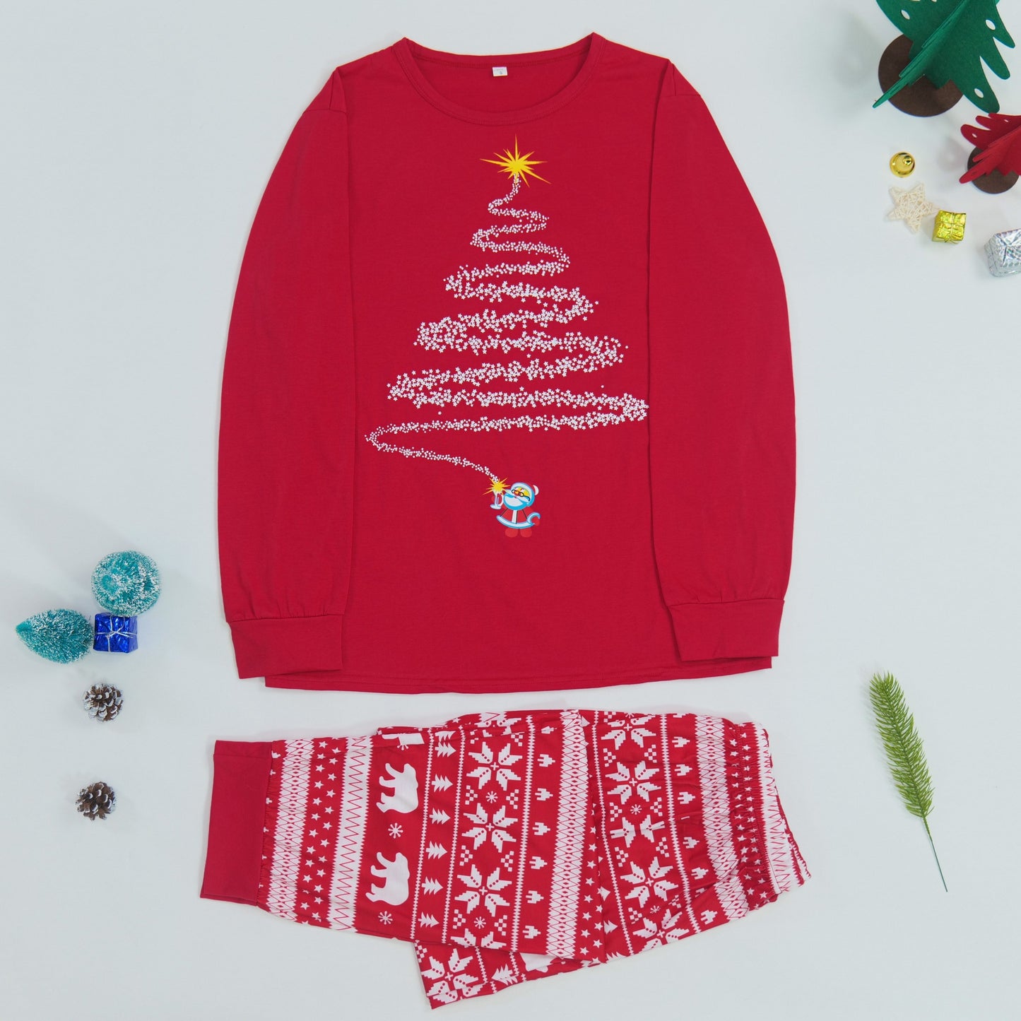 Family Matching Christmas Pajamas with Reindeer and Snowflake Print, Red or Blue