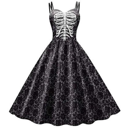 Gothic Skeleton Graphic Print Fit and Flare Dress with Round Neckline