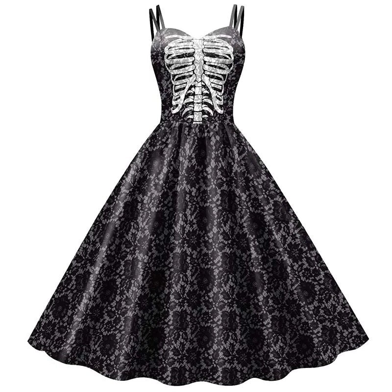 Gothic Skeleton Graphic Print Fit and Flare Dress with Round Neckline