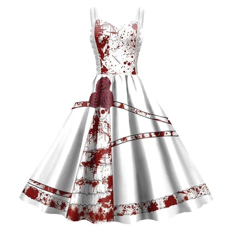 Gothic Skeleton Graphic Print Fit and Flare Dress with Round Neckline