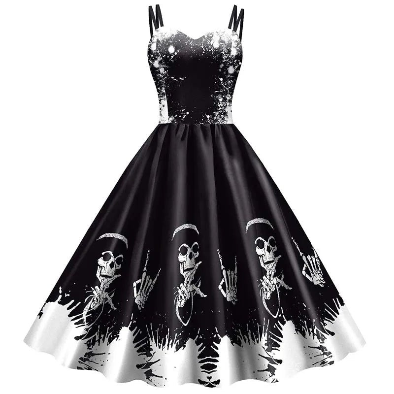 Gothic Skeleton Graphic Print Fit and Flare Dress with Round Neckline