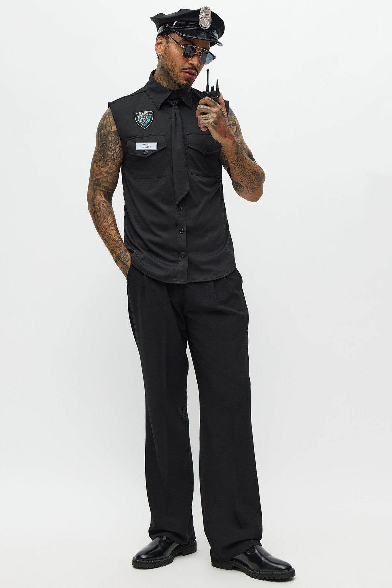 Black Officer Costume Shirt and Hat Set for Men