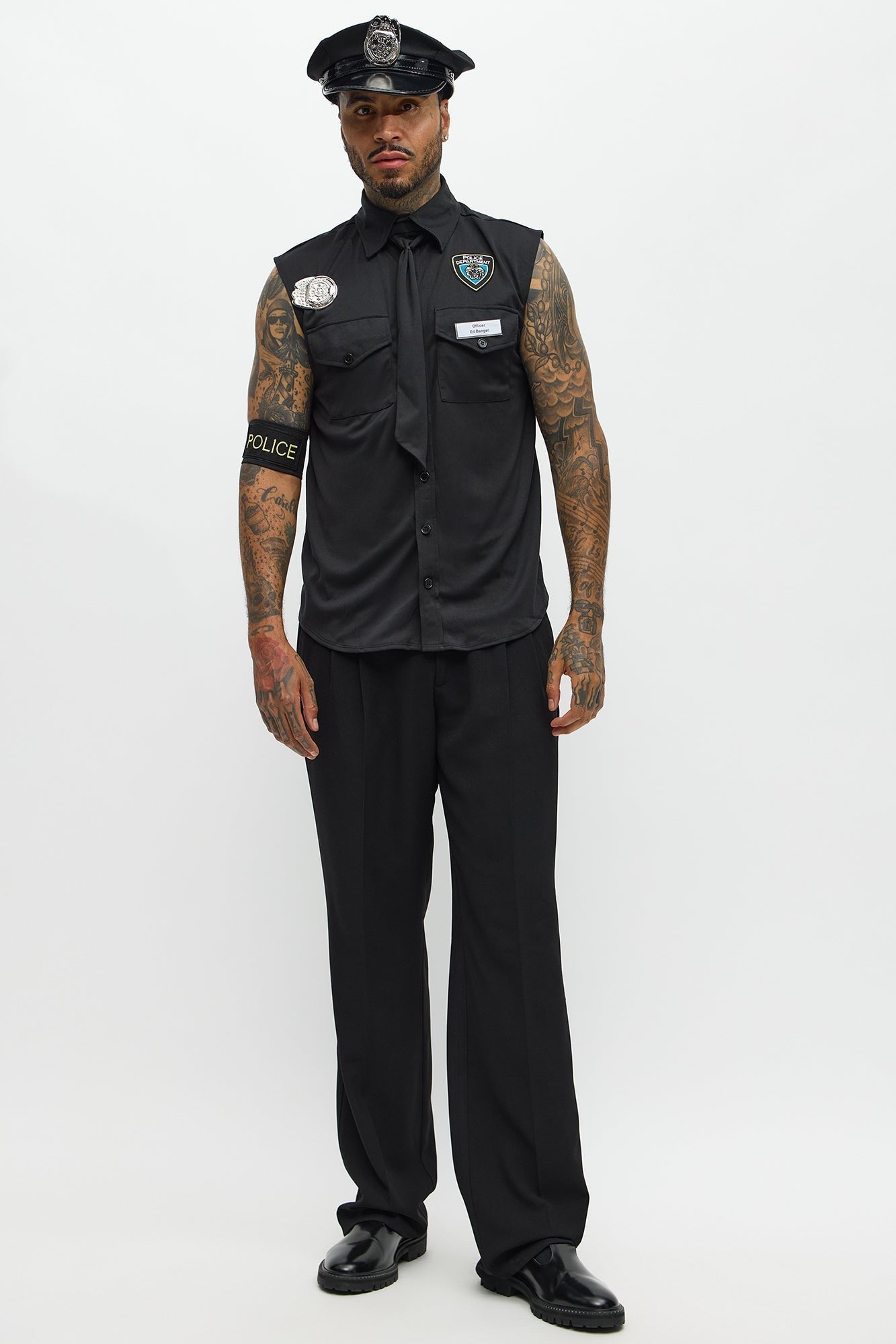 Black Officer Costume Shirt and Hat Set for Men