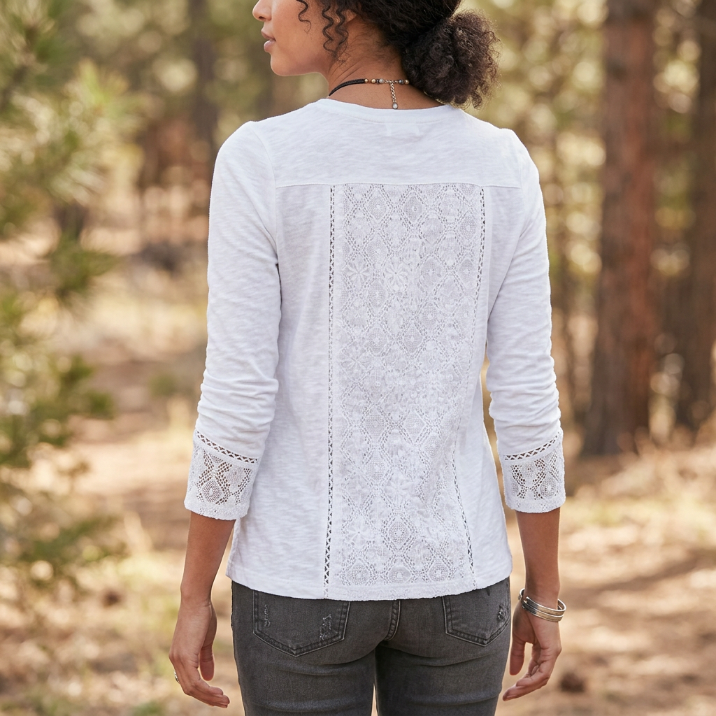 Long Sleeve Crew Neck Shirt with Lace Texture and Relaxed Fit