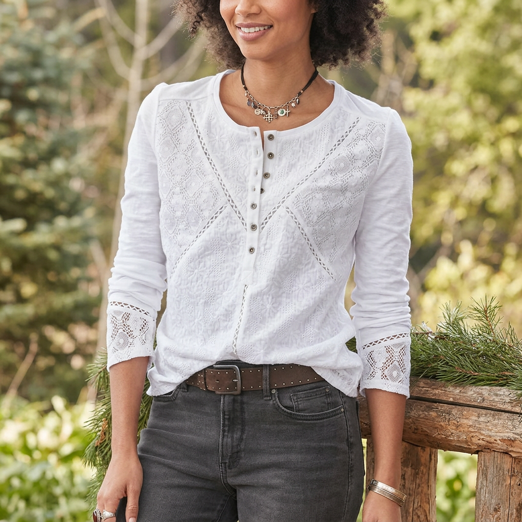 Long Sleeve Crew Neck Shirt with Lace Texture and Relaxed Fit