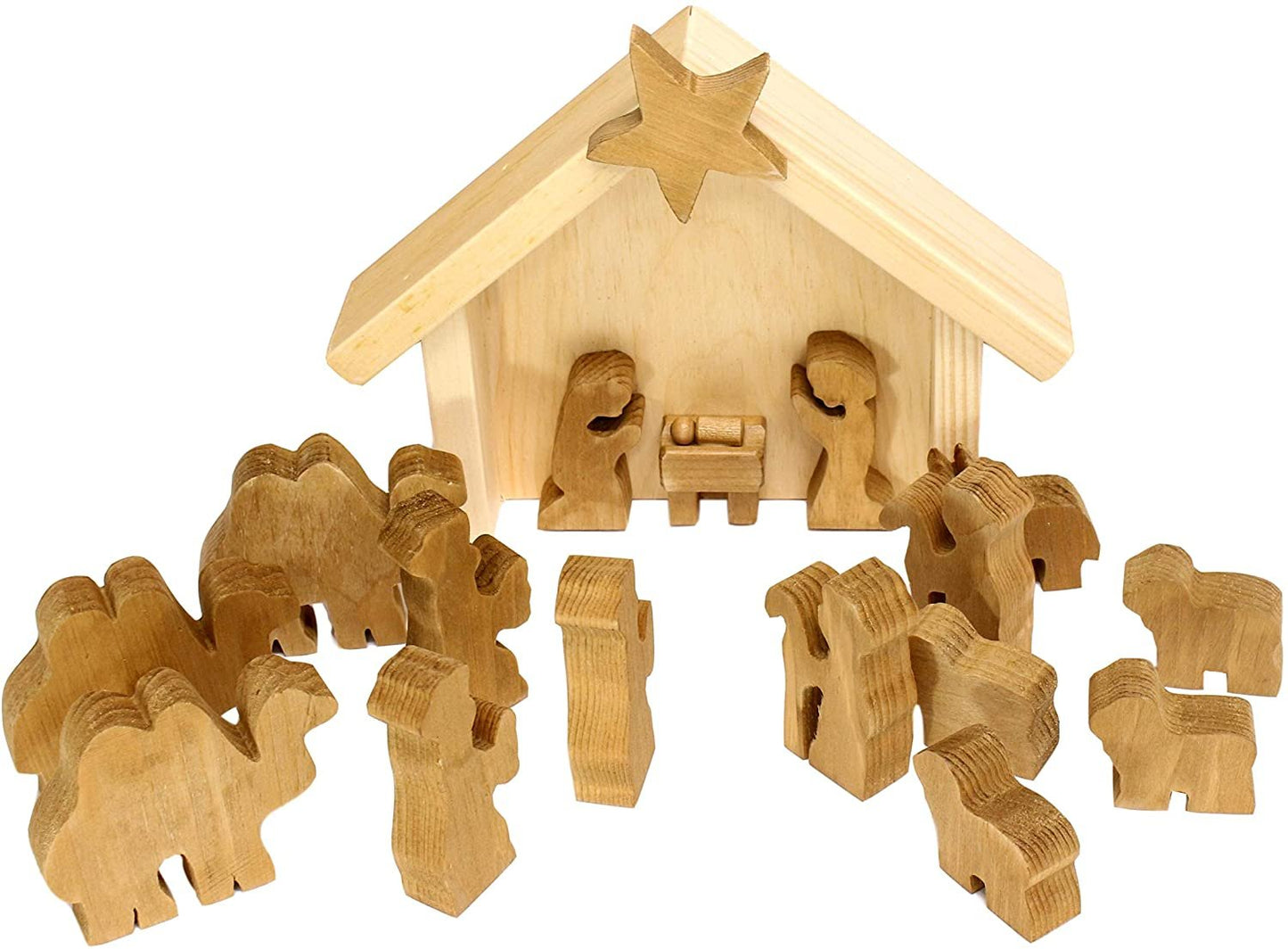 Wooden Nativity Manger Scene with 14 Figures and Stable Display