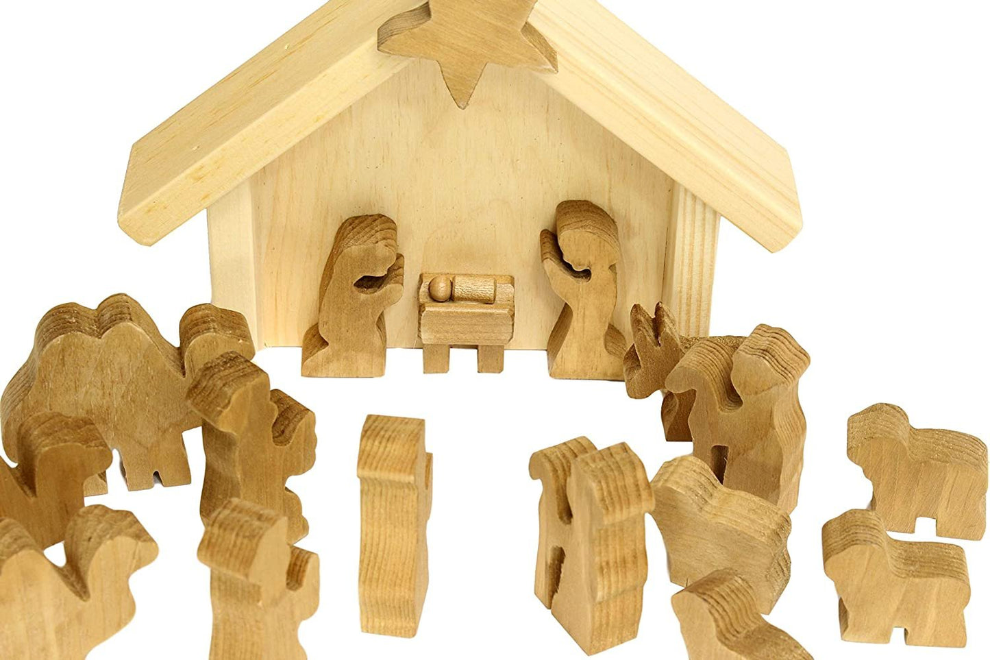 Wooden Nativity Manger Scene with 14 Figures and Stable Display