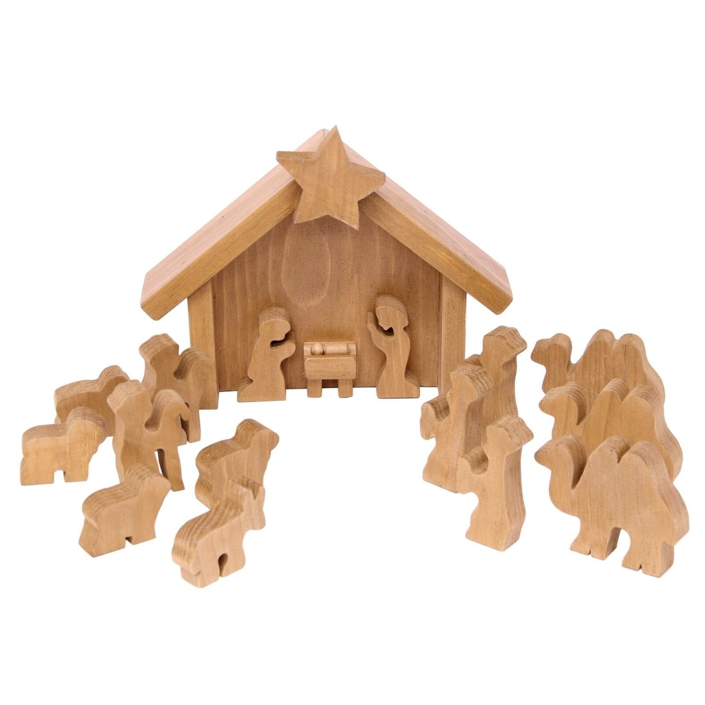 Wooden Nativity Manger Scene with 14 Figures and Stable Display