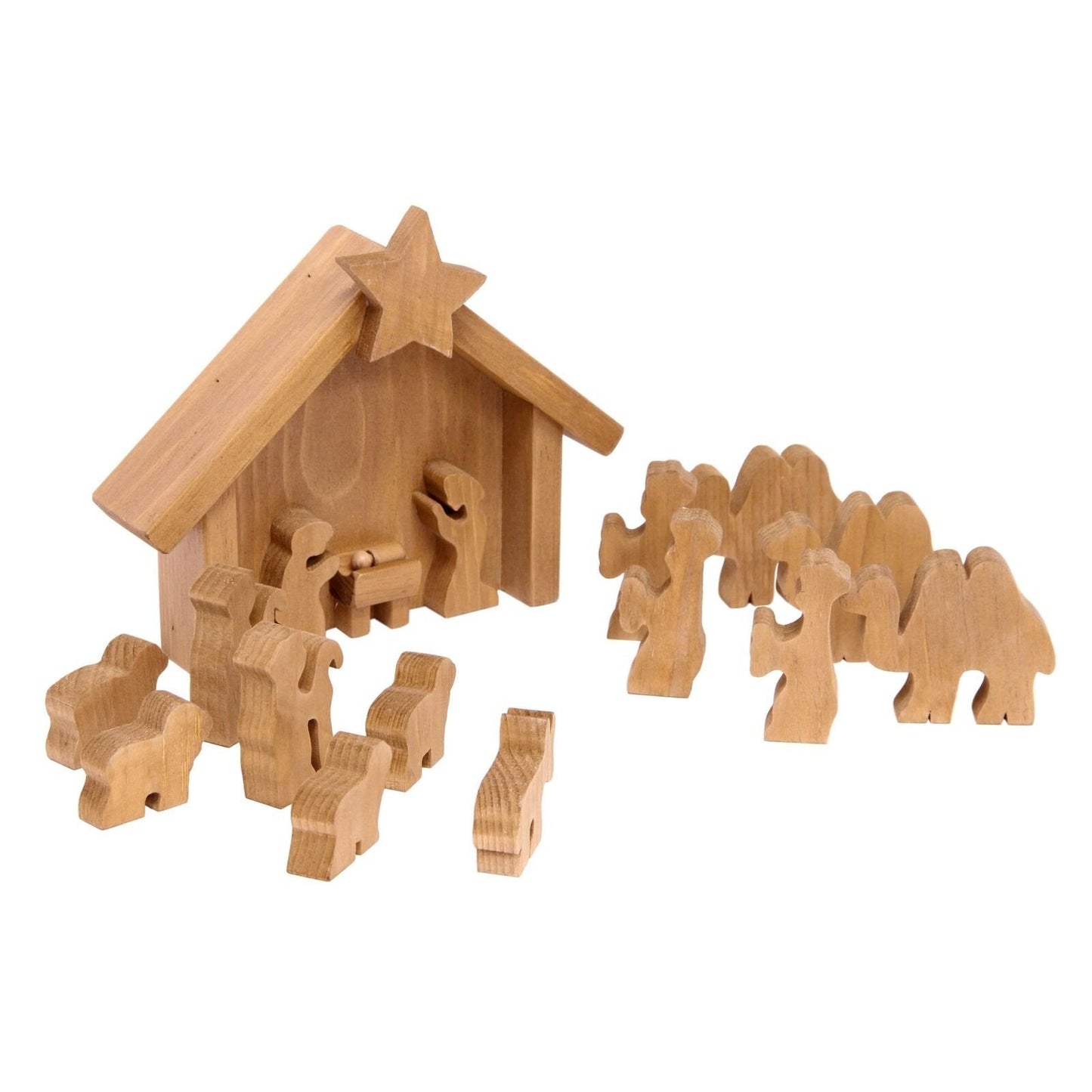 Wooden Nativity Manger Scene with 14 Figures and Stable Display