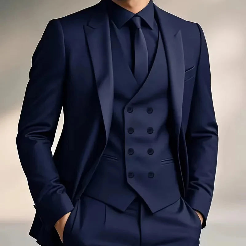 Men's slim fit double-breasted suit, 3-piece design featuring a waistcoat, for sophisticated style.