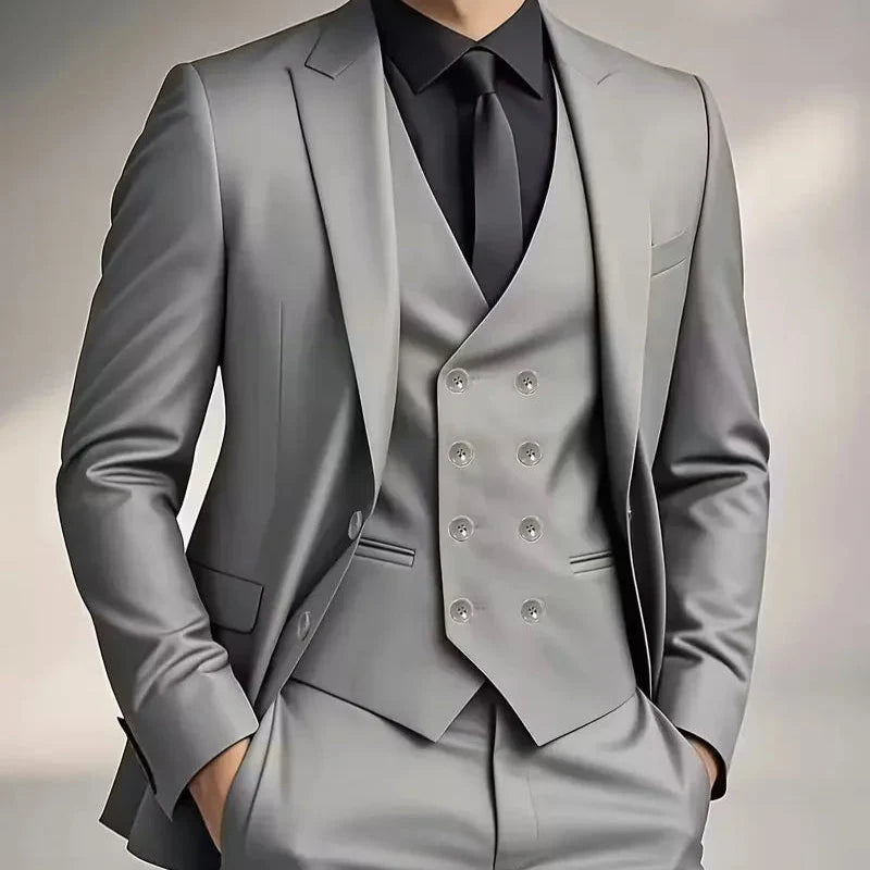 Men's slim fit double-breasted 3-piece suit, showcasing the waistcoat and jacket. Business-ready.