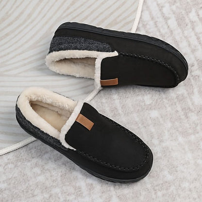 Mens slip-on house slippers with plush lining and rubber grip sole