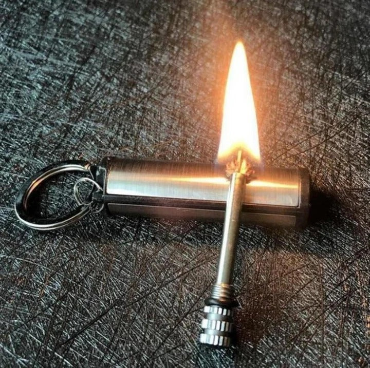 Metal Match Fire Starter with Stainless Steel Body and Keychain Attachment